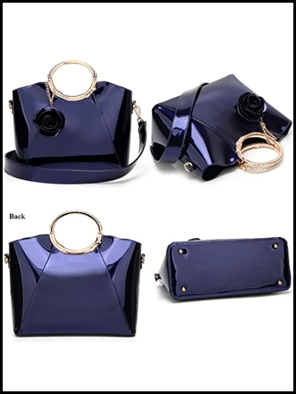 Patent Leather Satchel Tote Handbag with Rose Charm Top Handle